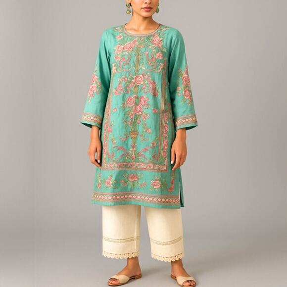 Sana Safinaz Aqua Green Pink Floral Embroidered Kurta Size Small - Picture 1 of 6